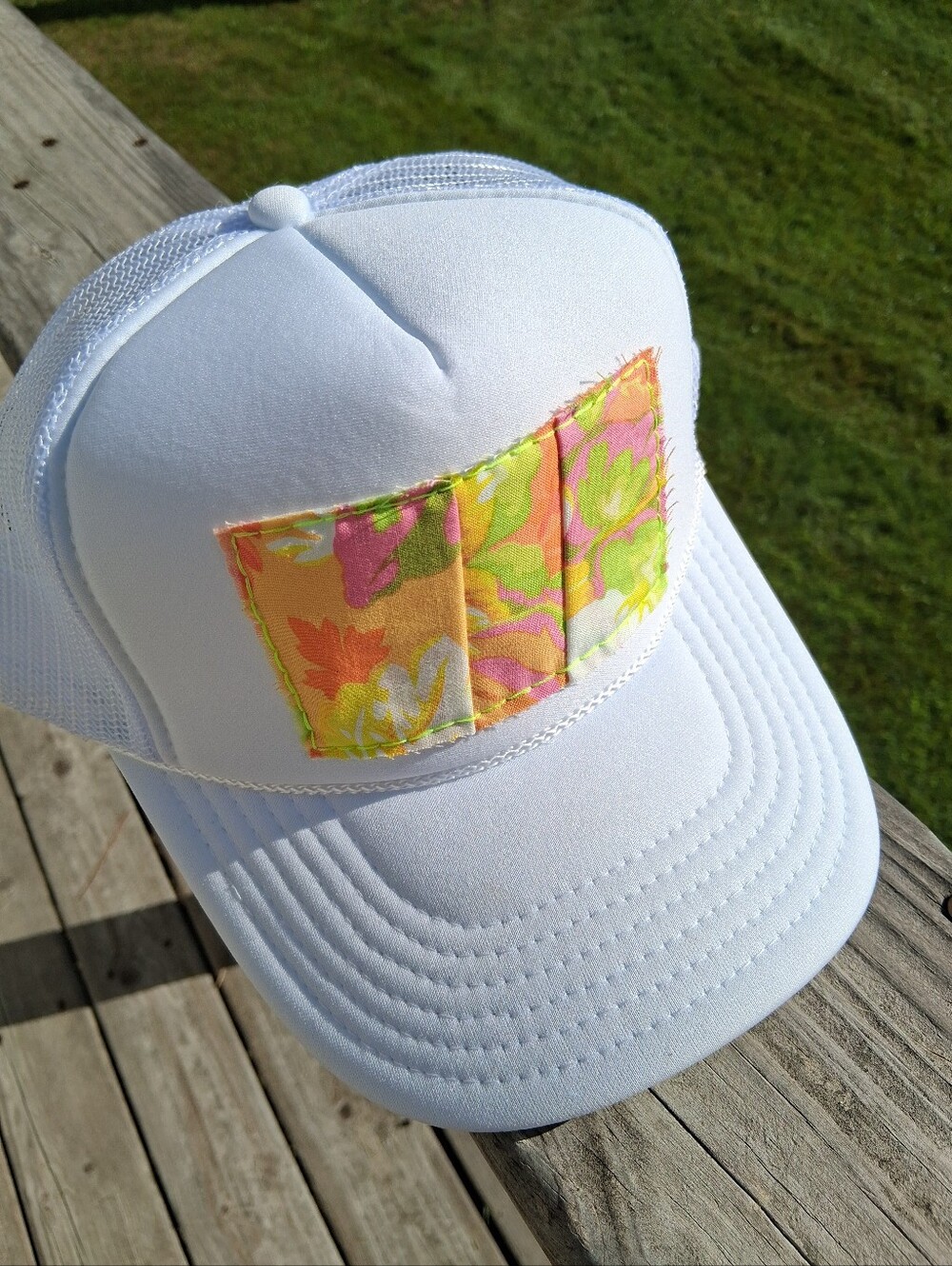 White Trucker Hat with Neon Multicolor Floral Handmade Patch